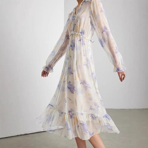 「自」全新升级【铂金会员735/天猫989/差价254】(03129)洛诗琳法式真丝印花连衣裙女2026春夏新款木耳边收腰裙子 商品图1