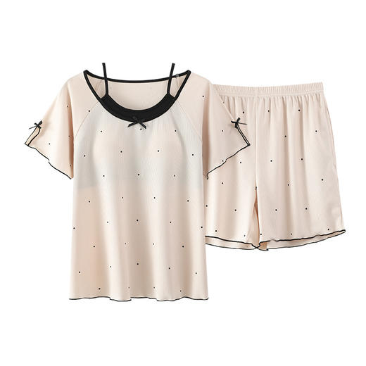 夏季新款带胸垫睡衣女士短袖短裤韩系波点宽松圆领纯色家居服套装 商品图4