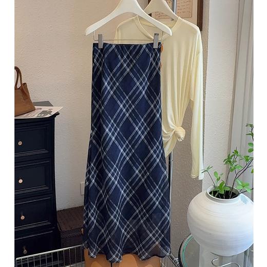 【复古文艺蓝调半身裙】轻薄纱质感格纹鱼尾裙 夏季显瘦格子气质半身长裙 商品图1