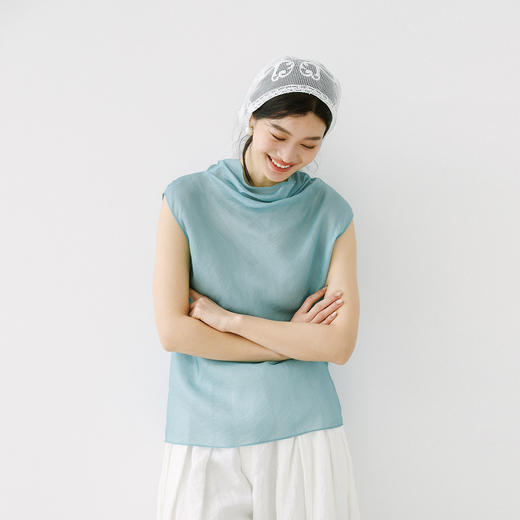 绽放180朵/小青*zijun联名系列丝棉绡缎堆领宽肩背心绞花无袖T恤 商品图1