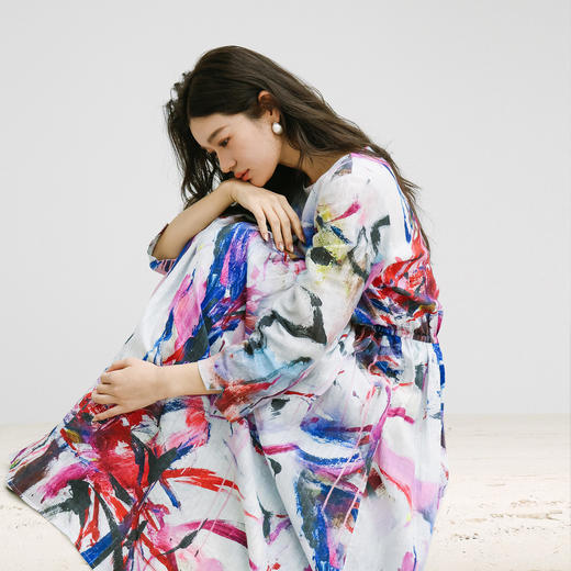 绽放172朵/「余味-2」花仙子*zijun联名系列亚麻印花松紧腰连衣裙 商品图1