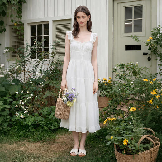 西遇法式飞飞袖排扣2026春夏方领蝴蝶结系带连衣裙气质露背长裙女H0060256 商品图1