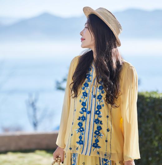 【林栖设计小店】手工钩花|松花黄桑蚕丝印花宽松百搭2026夏新款衬衫上衣 商品图0