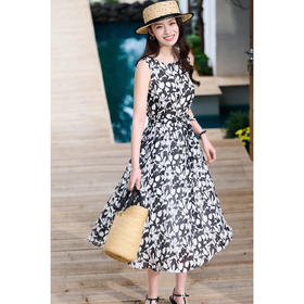 苎麻天丝 米思阳2026夏季新款优雅黑白抽象印花大圆领连衣裙中长款裙子女6138