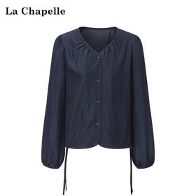 天猫同步【垂坠~免熨烫】拉夏贝尔/La Chapelle气质时尚V领排扣两侧系带设计仿牛仔长袖衬衫舒适上衣女