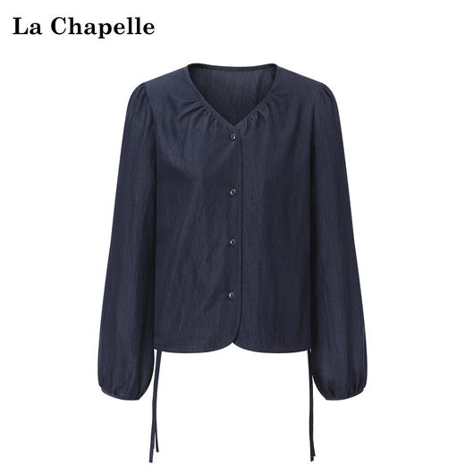 天猫同步【垂坠~免熨烫】拉夏贝尔/La Chapelle气质时尚V领排扣两侧系带设计仿牛仔长袖衬衫舒适上衣女 商品图0