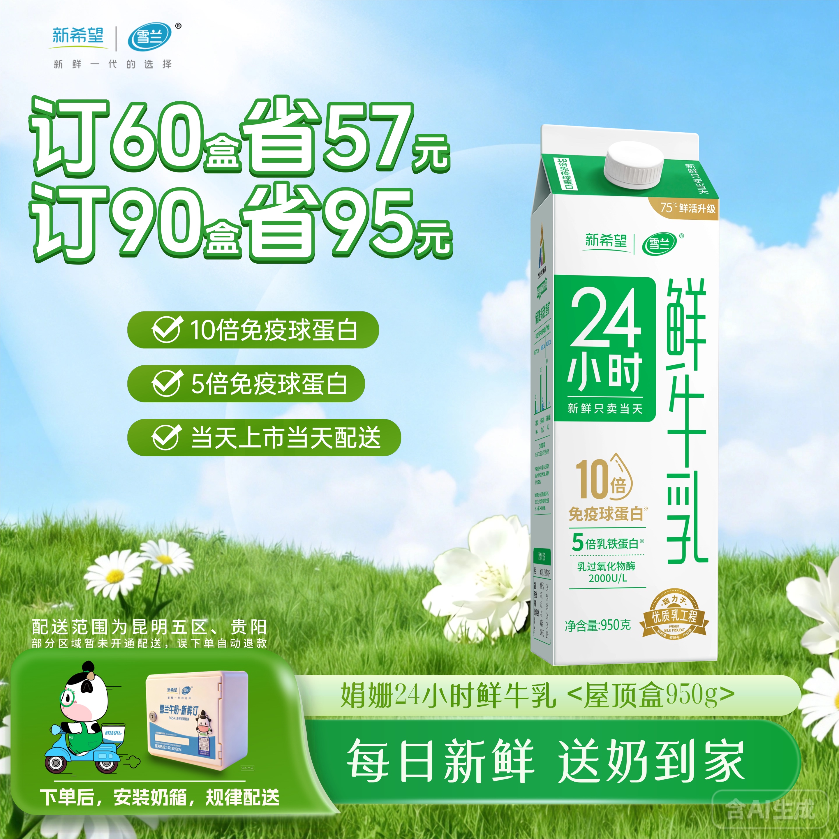 24小时鲜牛乳 | 屋顶盒950g 订奶每日送奶上门