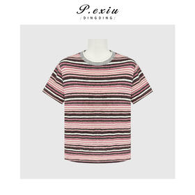 PanYiXiu/潘依绣复古撞色条纹立体绒感显瘦百搭圆领短袖T恤 W-63706