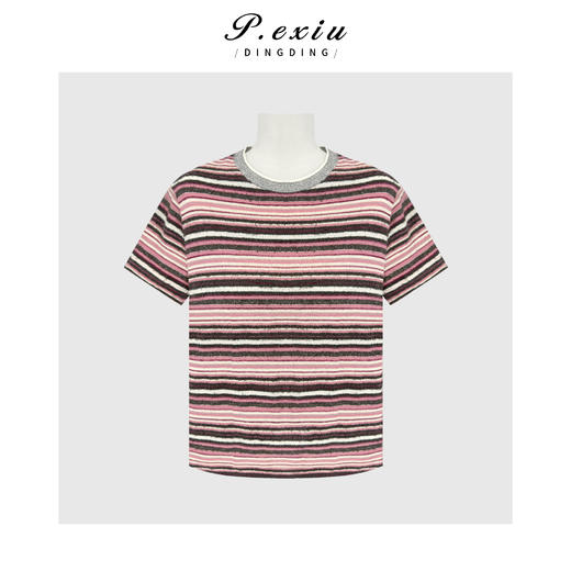 PanYiXiu/潘依绣复古撞色条纹立体绒感显瘦百搭圆领短袖T恤 W-63706 商品图0