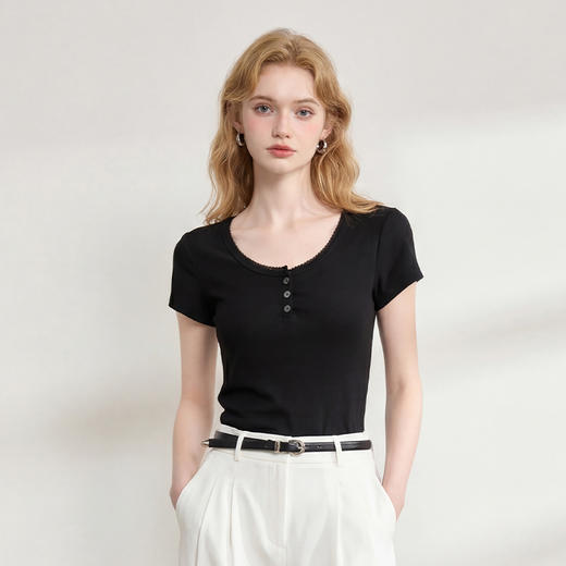 西遇简约韩系女夏季2026夏季新款修身纯欲辣妹U领短款打底上衣T恤H0060225 商品图2