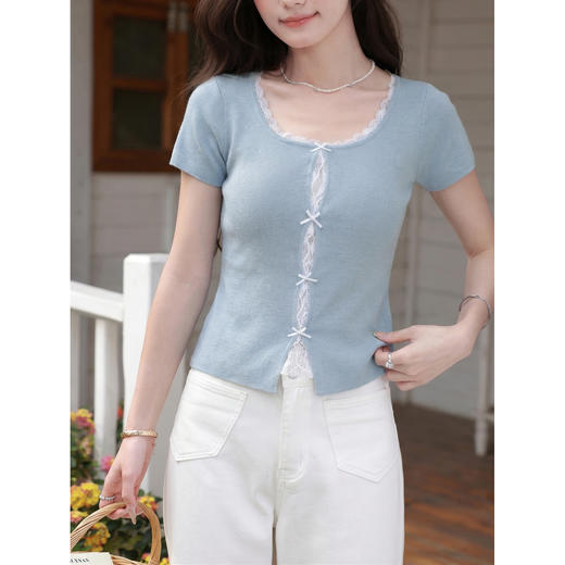 鹿向南【0405/20:00新品前1小时7折限量100件】蓝色针织衫T恤短袖 商品图2