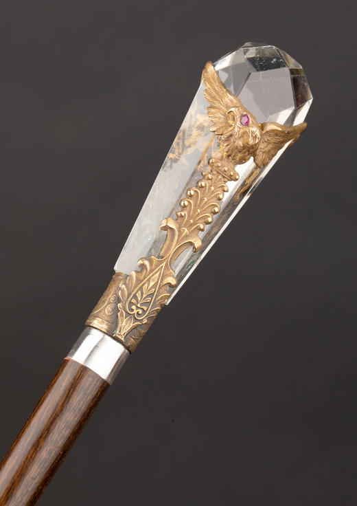独角鹿西洋古董1890年代法国出品镀银精雕镶嵌红宝石双鹰纹主题水晶手柄硬木手杖 商品图3