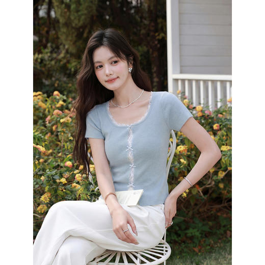 鹿向南【0405/20:00新品前1小时7折限量100件】蓝色针织衫T恤短袖 商品图1