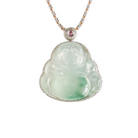 【天然正品】A货翡翠AU750收藏级白金镶钻镶天然细腻白色飘蓝花高冰种佛公翡翠吊坠项链 54CM（长度可调节）230326NJS36