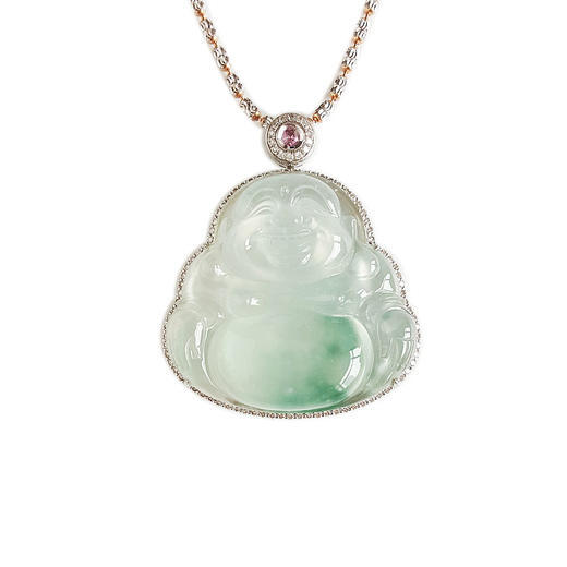 【天然正品】A货翡翠AU750收藏级白金镶钻镶天然细腻白色飘蓝花高冰种佛公翡翠吊坠项链 54CM（长度可调节）230326NJS36 商品图0