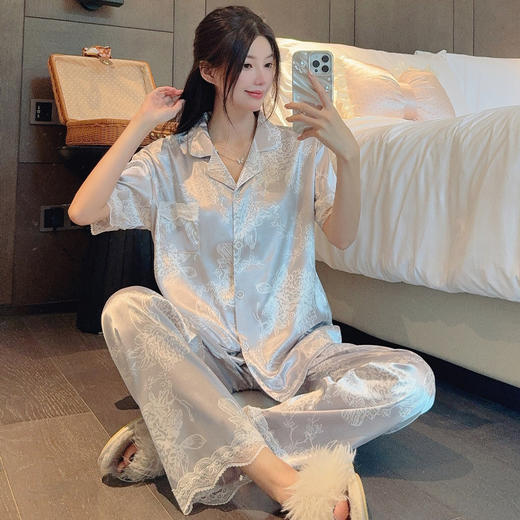花卉ins风高级感冰丝睡衣女夏季短袖长裤休闲气质套装家居服批发 商品图1