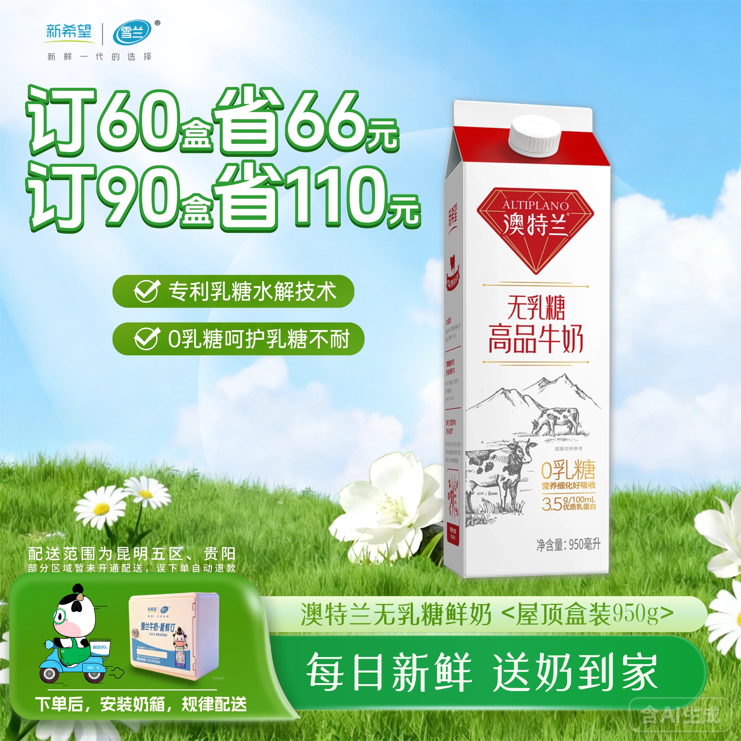 无乳糖澳特兰高品牛奶 | 屋顶盒950g  订奶每日送奶上门