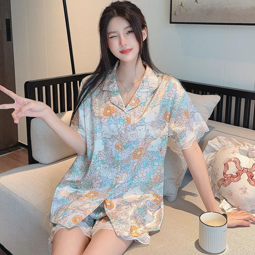 高颜值轻奢ins休闲冰丝气质睡衣韩版女士短袖短裤套装可外穿批发 商品图0