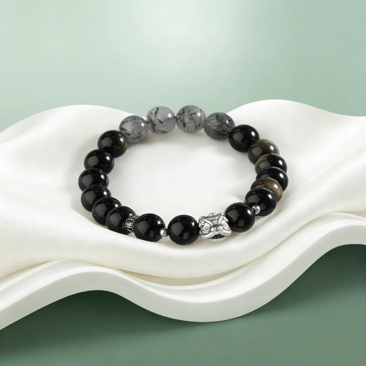 【宏艺珠宝】玄墨守安·足银黑曜石手串 商品图0