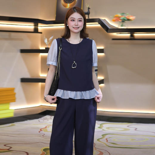 奢姿大码女装2026夏季减龄荷叶边拼接两件套胖妹妹半松紧时尚套装9962954659 商品图4