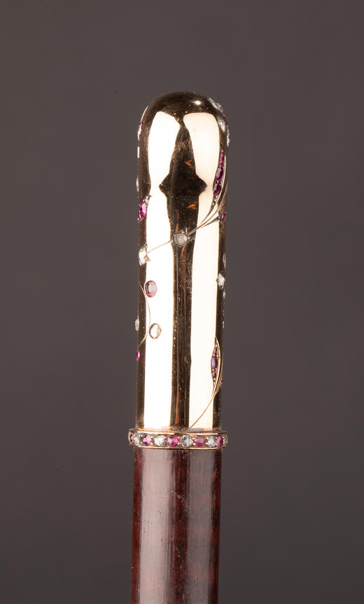 独角鹿西洋古董1890年代法国出品18K黄金手柄镶嵌钻石红宝石蛇木手杖(杖柄可拆卸) 商品图5