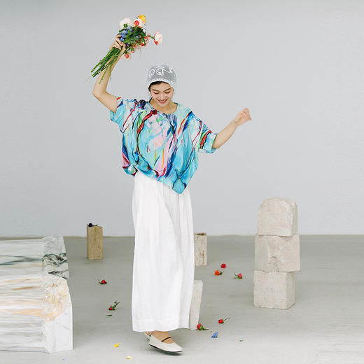 绽放177朵/「逍遥游-1」T恤*zijun联名干丝底印花打结梭织短袖女 商品图2