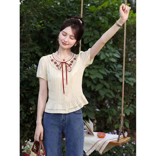 鹿向南【0405/20:00新品】杏色短袖衬衫 商品图1