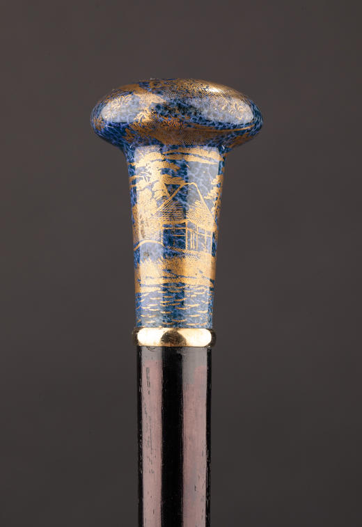 独角鹿西洋古董1910年代中国出品蓝地描金花鸟纹主题瓷手柄硬木手杖 商品图3