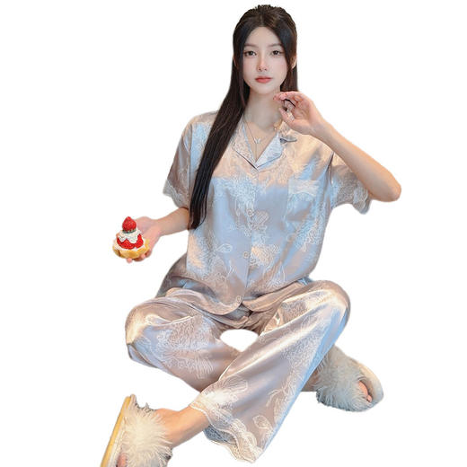 花卉ins风高级感冰丝睡衣女夏季短袖长裤休闲气质套装家居服批发 商品图4