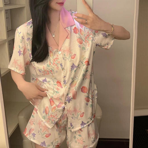 冰丝睡衣女绝美印花卉高颜值短袖短裤两件套夏季薄款家居服女批发 商品图3