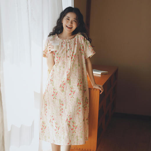 全棉双层纱~春夏纯棉短袖睡裙女士 透气纱布短袖睡衣夏天夏款全棉家居服夏 商品图3
