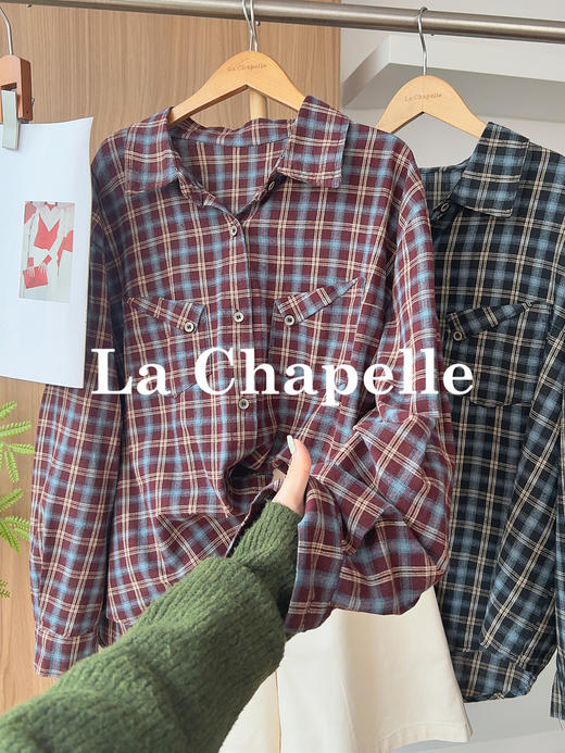 专柜实拍【全棉！亲肤透气】拉夏贝尔/La Chapelle必备品！韩系慵懒翻领排扣口袋长袖复古格子衬衫休闲百搭上衣 商品图6
