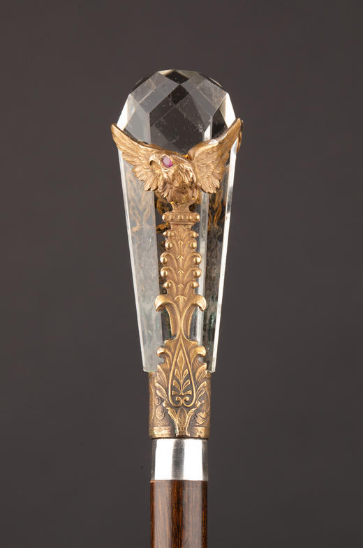 独角鹿西洋古董1890年代法国出品镀银精雕镶嵌红宝石双鹰纹主题水晶手柄硬木手杖 商品图0