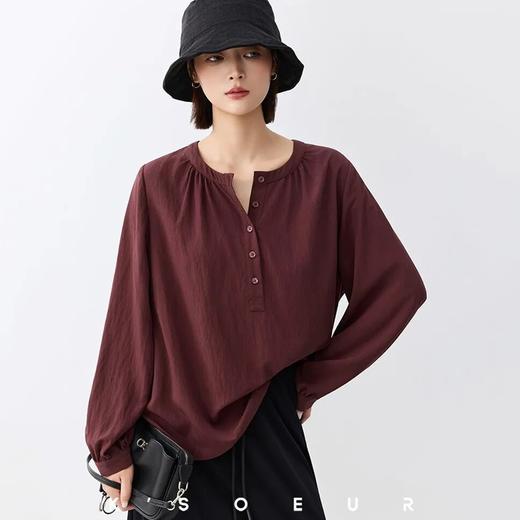 美茵凯琳·勃艮第红亚麻混纺阔版衬衫 | 时髦松弛感，春日氛围满满，时刻保持优雅体面! 商品图3