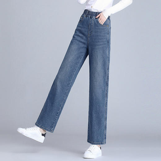 2026新款春季窄版阔腿牛仔裤女士大码胖mm弹力松紧腰宽松直筒裤子 商品图2