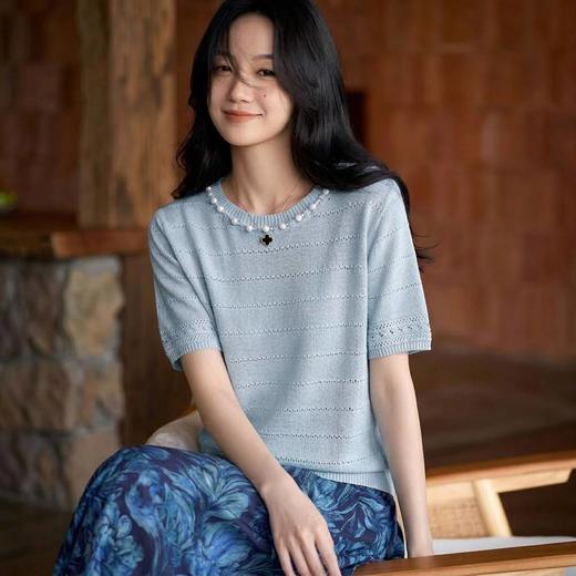 悠悠晴日～法式清新无缝针织衫女莱赛尔轻奢宽松显瘦短袖上衣 商品图0