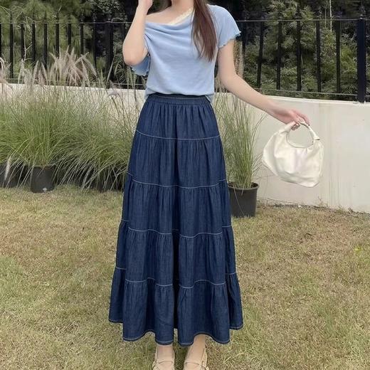 复古丹宁蓝~高腰宽松显瘦压褶中长蛋糕半身裙女薄款牛仔裙 商品图1