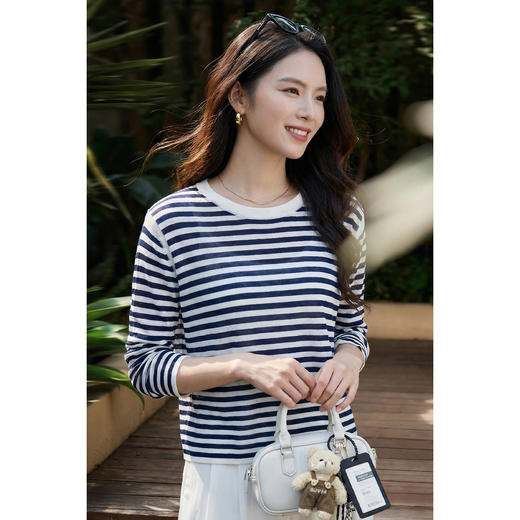 米思阳2026春季新款100%莱赛尔天丝撞色条纹长袖T恤女套头打底衫1174 商品图3