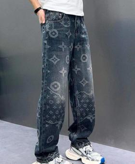 F040203春秋季新款休闲时尚百搭直筒满印提花款男士牛仔裤长裤