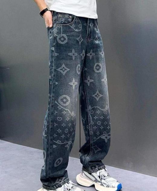 F040203春秋季新款休闲时尚百搭直筒满印提花款男士牛仔裤长裤 商品图0