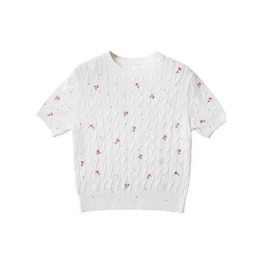 「自」全新升级【铂金会员174/天猫229/差价55】(11416)洛诗琳玫瑰绣花针织短袖2026新款圆领显瘦绞花针织上衣 商品图4