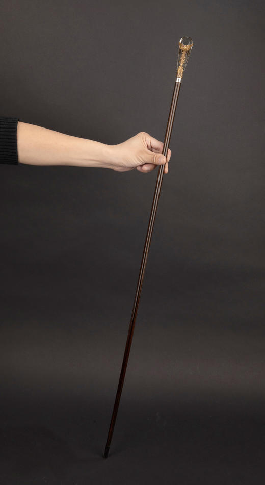 独角鹿西洋古董1890年代法国出品镀银精雕镶嵌红宝石双鹰纹主题水晶手柄硬木手杖 商品图1