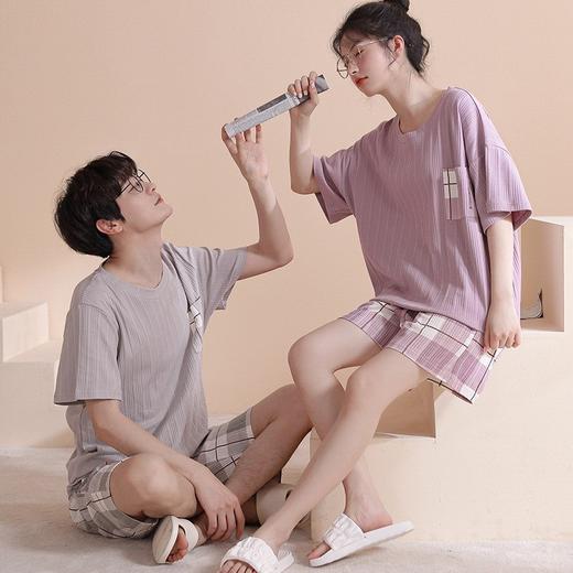 华夫格情侣睡衣夏季短袖棉质薄款大码宽松男女士套装卡通家居服夏 商品图0