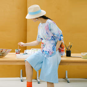 绽放182朵/晴空裤*zijun联名系列水洗皱棉亚麻渐变印花裙裤女中裤