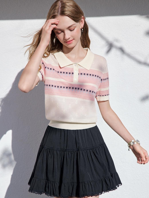 【百图lulu定制】【夏天POLO针织衫】拼色 提花 桑蚕丝羊毛混纺 轻薄透气 短袖针织衫 商品图11