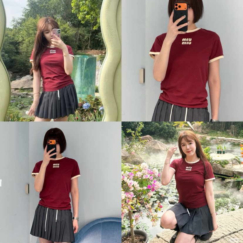 327-10 渠道圆正 miu大爆款 手工绣 红色撞色 基础款 减龄时髦 圆领短袖T恤 167/140我穿XL