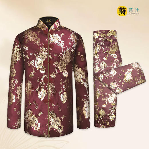 女士寿衣寿服烫金唐装“枣红寿花”薄款寿衣六件套 商品图1