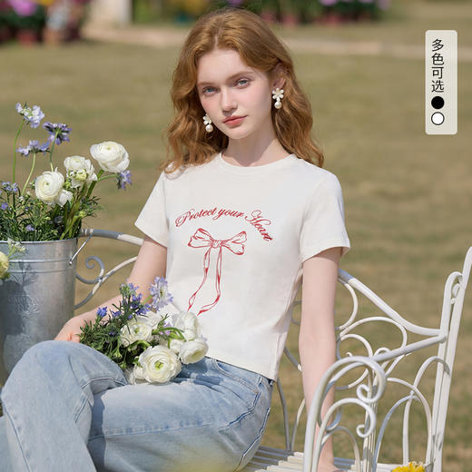 西遇蝴蝶结印花短袖T恤女2026夏新款收腰显瘦短款辣妹设计感上衣E0060272 商品图0