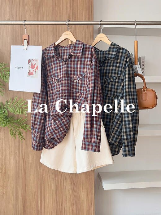 专柜实拍【全棉！亲肤透气】拉夏贝尔/La Chapelle必备品！韩系慵懒翻领排扣口袋长袖复古格子衬衫休闲百搭上衣 商品图0