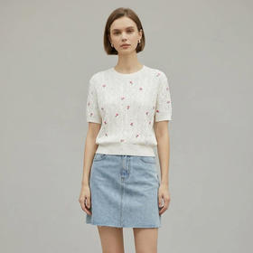 「自」全新升级【铂金会员174/天猫229/差价55】(11416)洛诗琳玫瑰绣花针织短袖2026新款圆领显瘦绞花针织上衣